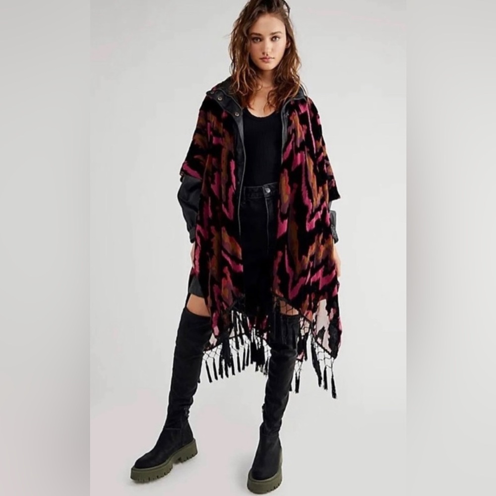 Free People Black Kimono with Pink and Brown Abstract Print